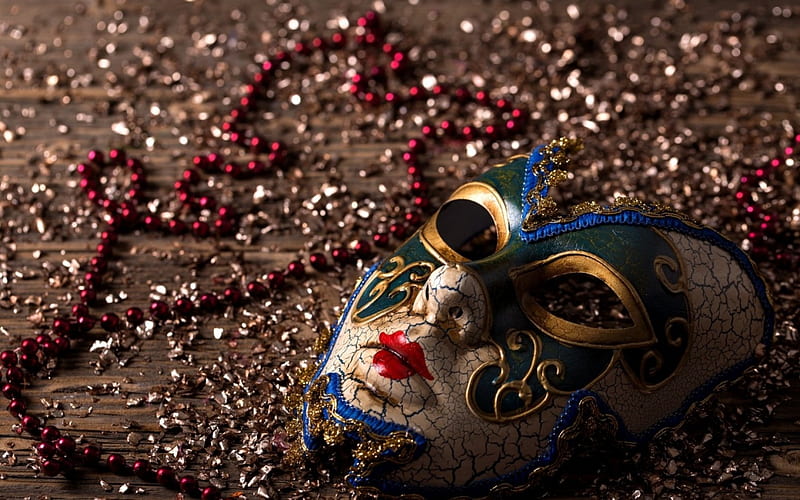 Mask, red, carnival, beads, venice, blue, HD wallpaper