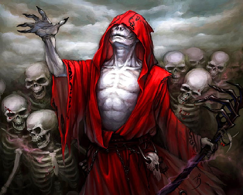 The Necromancer, red, robe, skeletons, necromancer, HD wallpaper