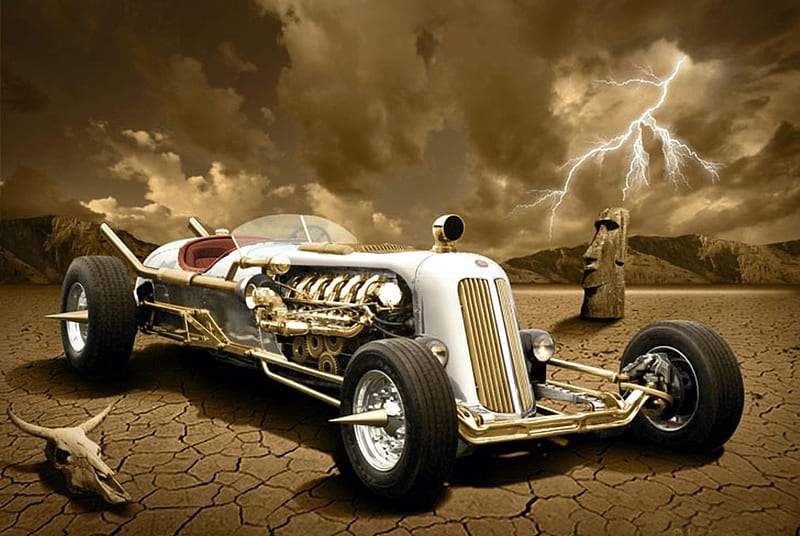 Steampunk Car, vehicle, art, lightning, thunderstorm, landscape, HD wallpaper
