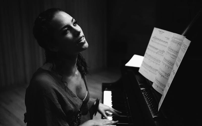 Alicia Keys American singer, portrait, pianist, singing woman, grand piano, beautiful woman, HD wallpaper