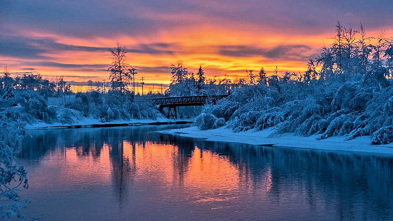 Pioneer Park, Fairbanks, Alaska, bridge, snow, sunset, river, clouds, trees, reflection, winter, HD wallpaper