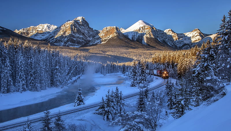 Banff National Park, Canada, Snow, Mountains, Train, Trees, Bow River, Winter, HD wallpaper