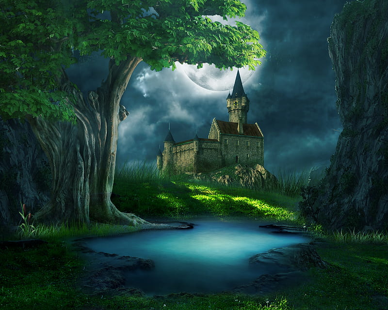 Moonlight castle, forest, luminos, moon, fantasy, moon, green, castle, blue, night, HD wallpaper