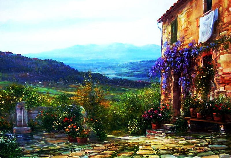 Italian Landscape, veranda, hills, house, well, painting, flowers, artwork, HD wallpaper
