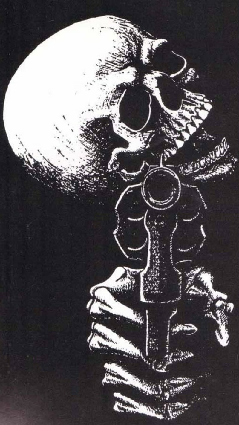 Skullman, black, drawings, guns, skull, skulls, white, HD phone wallpaper