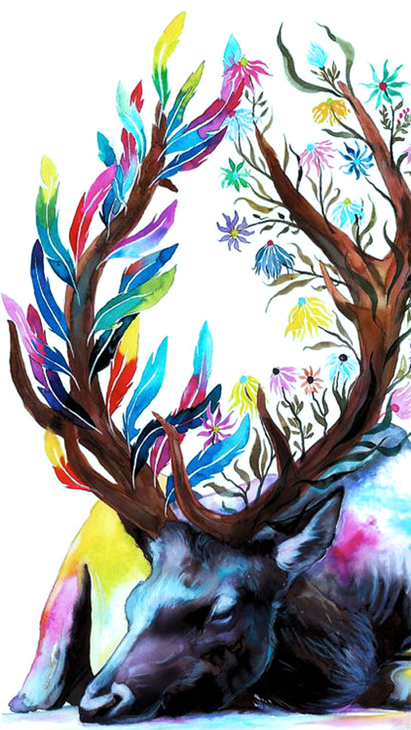 Deer, antler, colorful, elk, flowers, HD phone wallpaper