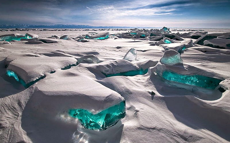 Emerald Ice on Baikal Lake, Russia, Lake, Snow, Ice, Nature, HD wallpaper