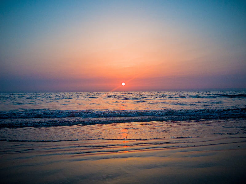 Sunset sky, beach, blue sky, ocean, orange, sun, water, waves, HD wallpaper