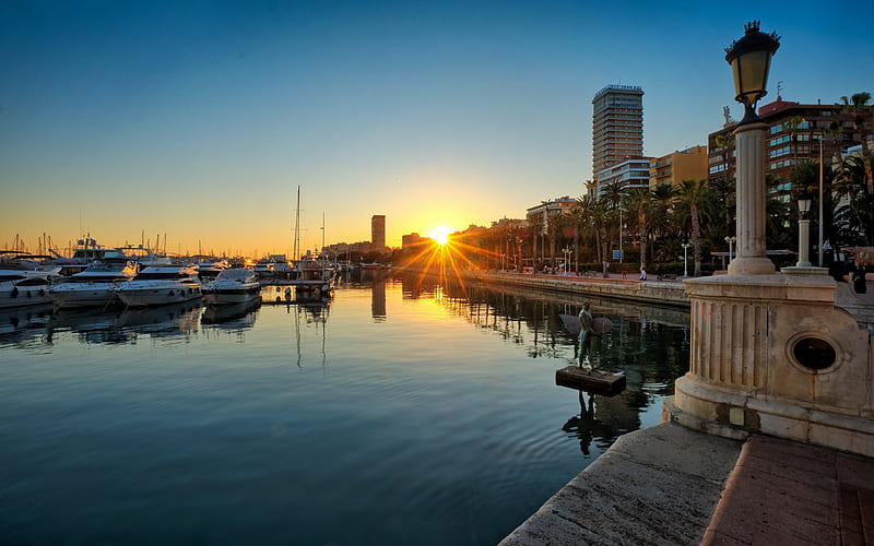 Alicante, evening, sunset, bay, Alicante cityscape, yachts, luxury boats, Costa Blanca, Spain, HD wallpaper