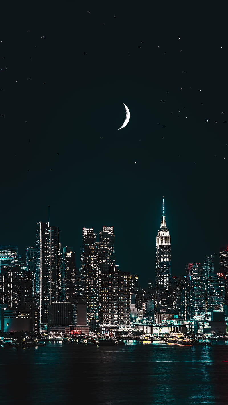 Citylights and the moon , nature, skyscrapers, night, HD phone wallpaper