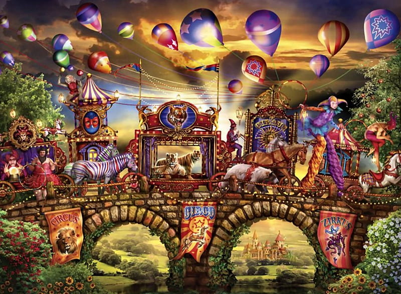 Carnival Parade F1C, art, equine, bear, bonito, tiger, horse, abstract, artwork, circus, fantasy, parade, balloons, painting, wide screen, zebra, jester, HD wallpaper