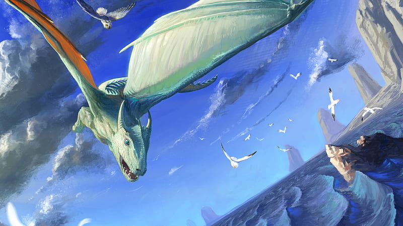 Fantasy White Dragon Is Flying Above On Body Of Water Dreamy, HD wallpaper