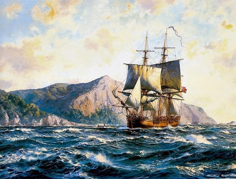 tallship painting, rough sea, english, long boat, auchored, island, HD wallpaper