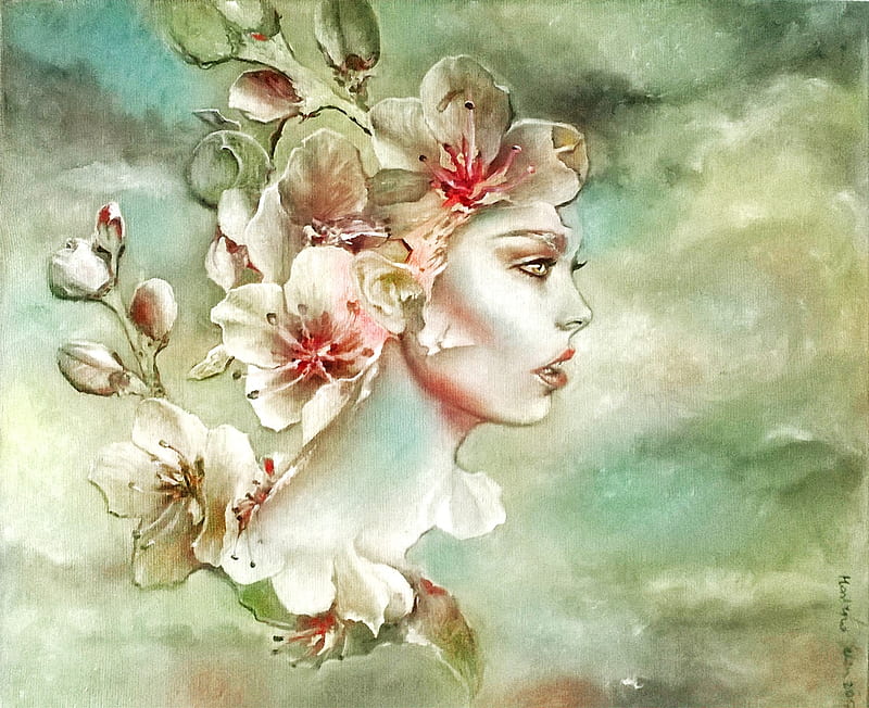 Eliana, marlena selin, art, magnolia, luminos, spring, girl, profile, painting, flower, portrait, pictura, pink, blue, HD wallpaper