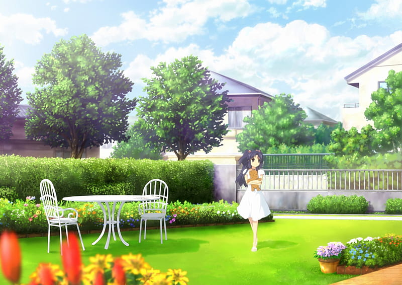 Summer garden, table, cloud, house, manga, sky, girl, green, anime, summer, flower, garden, HD wallpaper
