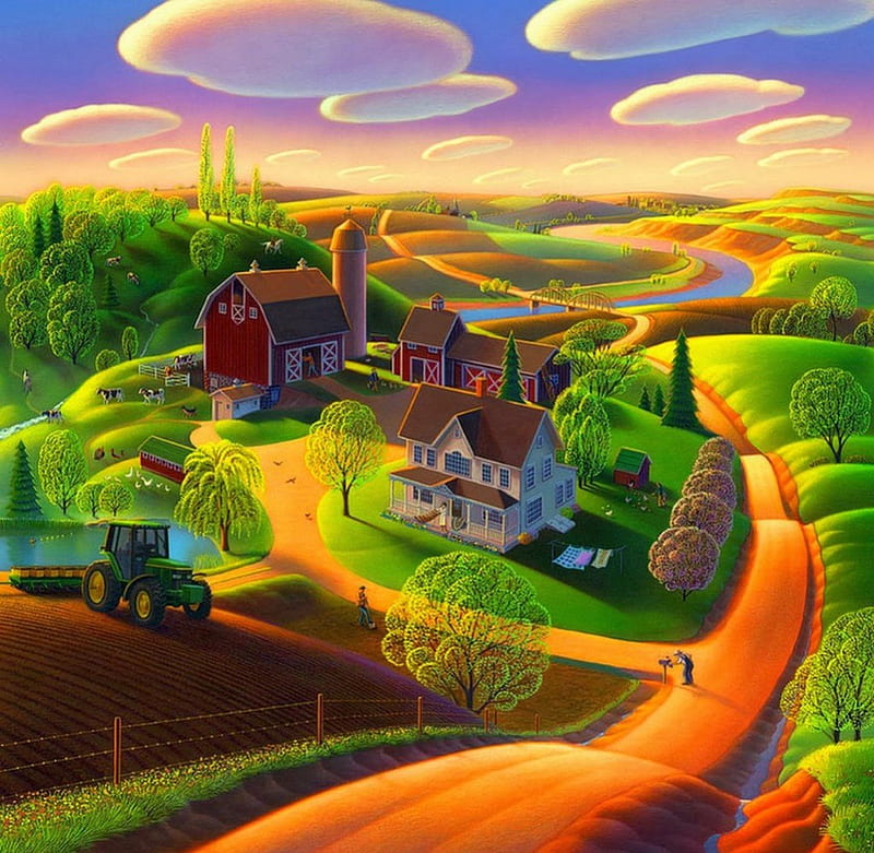 Summer Farm, art, tractor, houses, sky, countryside, farm, muddy, land, pasture, HD wallpaper