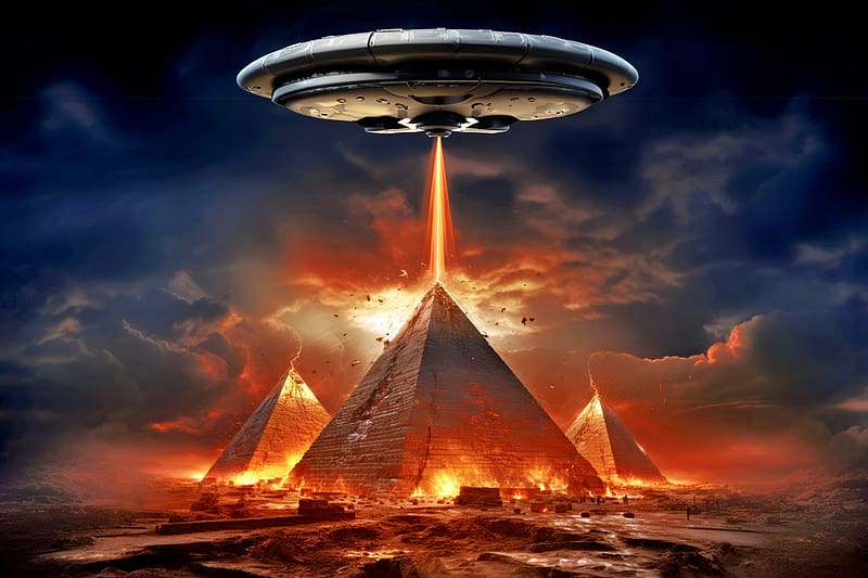 They're Coming !!!, pyramids, digital, abstract, flying saucer, HD wallpaper
