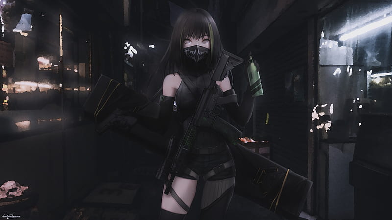 Girls Frontline Mask Girl With Gun On One Hand And A Bottle Other Hand Games, HD wallpaper