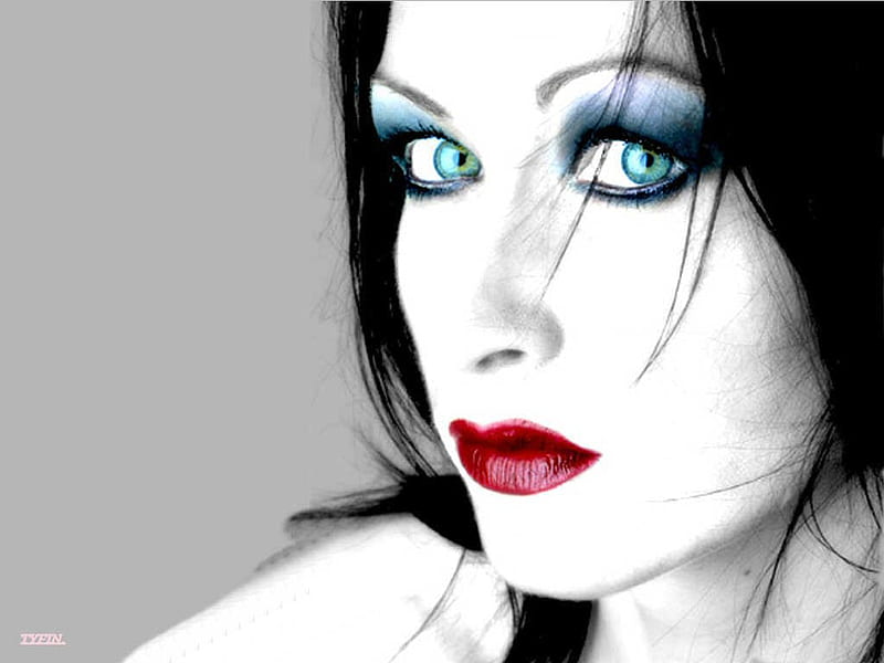 Blue eyed gal, pretty, black and white, woman, blue eyes, red lips, HD wallpaper
