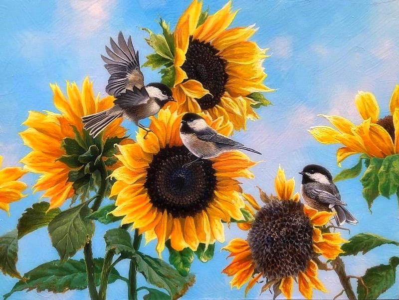 Dinnertime in Summer, chickadees, paintings, sunflowers, summer, birds, garden, animals, HD wallpaper