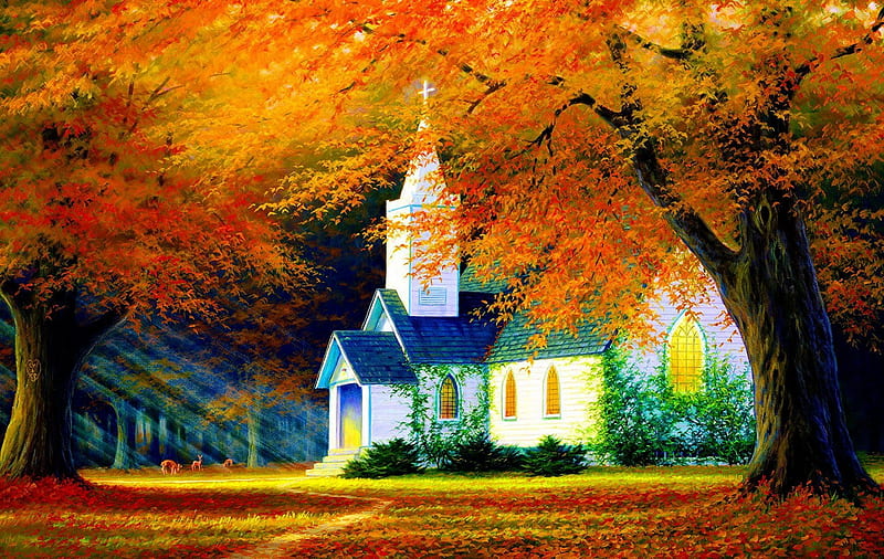 Church in the Glen, peaceful, bonito, church, foliage, fall, forest, art, countryside, leaves, serenity, rays, painting, HD wallpaper
