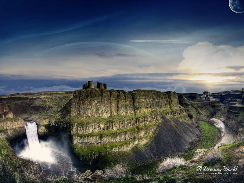 Castle at Hill, fantasy, ruin, waterfalls, mountains, HD wallpaper