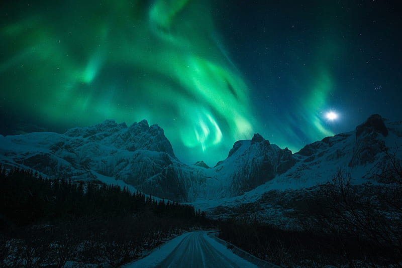 Winter, Nature, Night, Mountain, Road, Earth, Aurora Borealis, HD wallpaper
