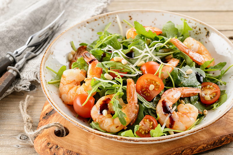 Food, Salad, Shrimp, Tomato, HD wallpaper
