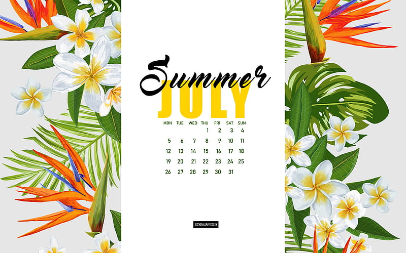 July 2021 Calendar, tropical flowers, July, 2021 summer calendars, summer background, 2021 July Calendar, calendar with flowers, HD wallpaper