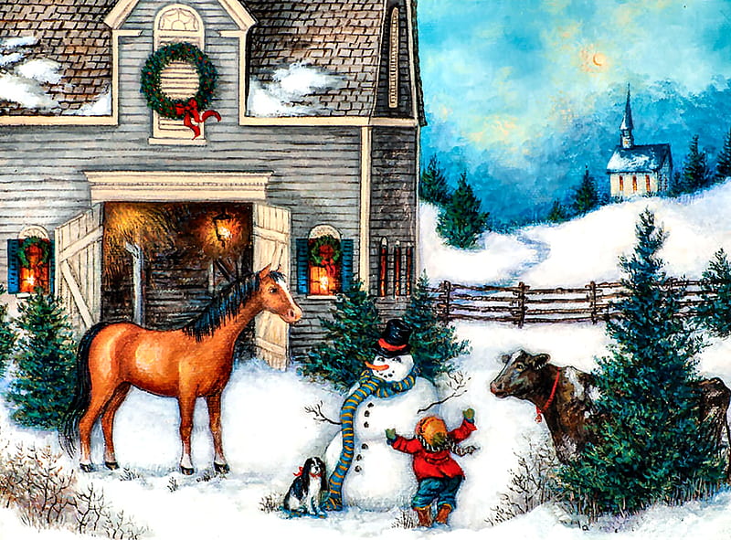 Best Snowman Ever F, architecture, equine, bonito, illustration, artwork, canine, farm, painting, wide screen, scenery, cows, art, planting, pets, horse, winter, snow, crops, landscape, dogs, HD wallpaper