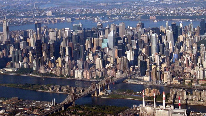 aerial view of 59th st bridge in nyc, city, bridge, view, river, island, aerial, HD wallpaper