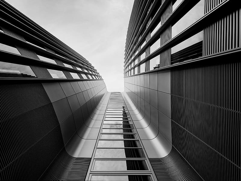 building, bottom view, black and white, architecture, HD wallpaper