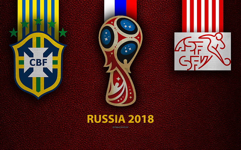 Brazil vs Switzerland Group E, football, June 17, logos, 2018 FIFA World Cup, Russia 2018, burgundy leather texture, Russia 2018 logo, cup, Brazil, Switzerland, national teams, football match, HD wallpaper