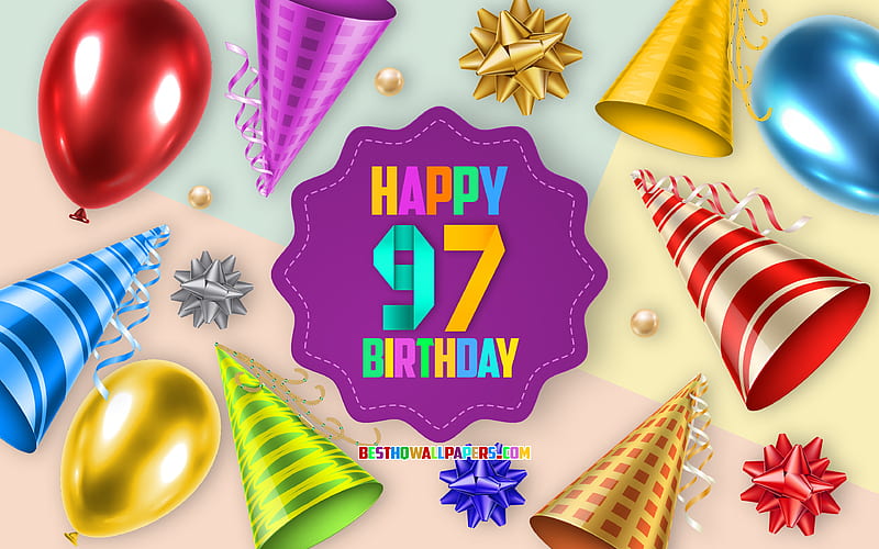 Happy 97 Years Birtay, Greeting Card, Birtay Balloon Background, creative art, Happy 97th birtay, silk bows, 97th Birtay, Birtay Party Background, Happy Birtay, HD wallpaper