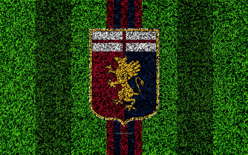 Genoa FC logo, football lawn, Italian football club, blue red lines, emblem, grass texture, Serie A, Genoa, Italy, football, HD wallpaper