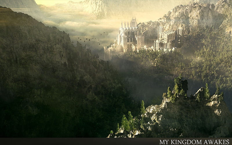 my kingdom awakes, mountains, birds, trees, clouds, castle, HD wallpaper