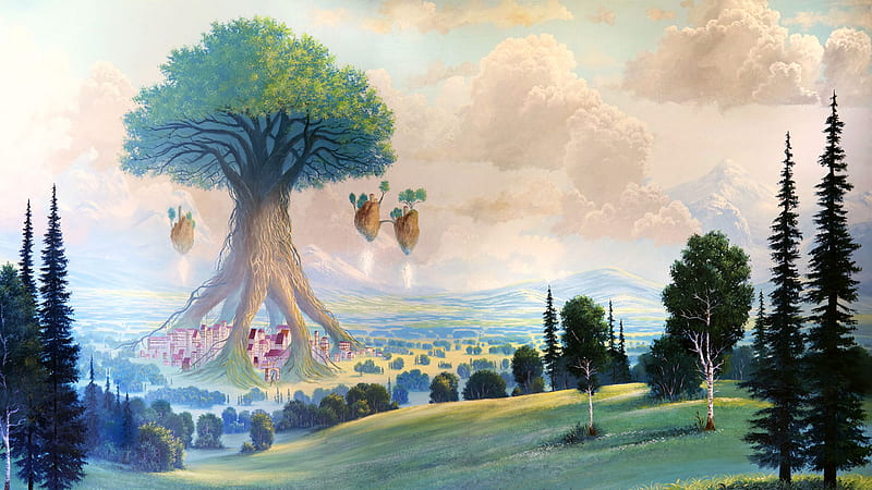 Tree Field Hills Scenery Background Anime Scenery, HD wallpaper