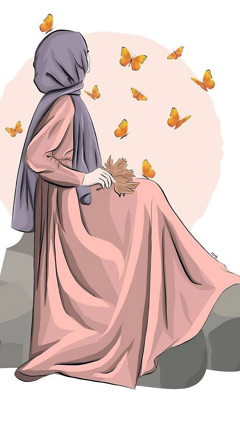 Hijab Styles, Hijab Cartoon Orange Butterflires, HD phone wallpaper
