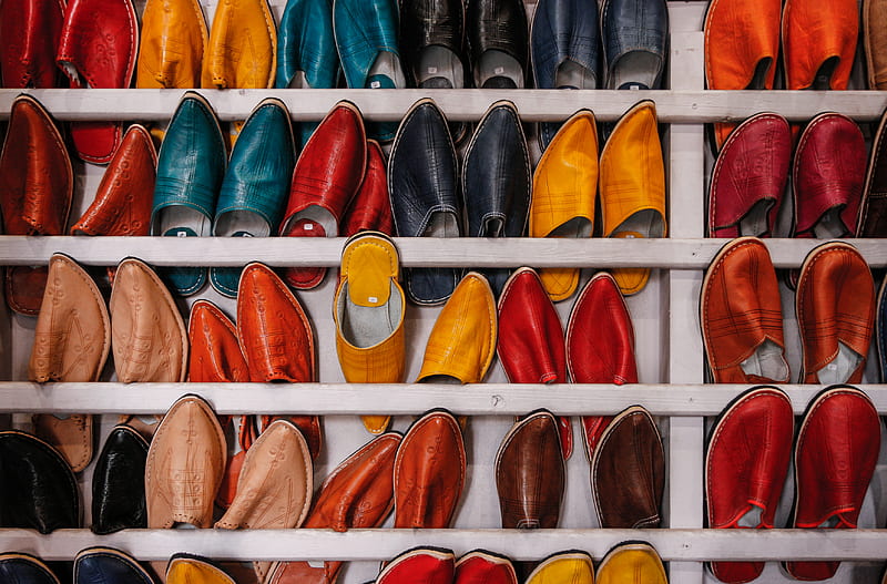 assorted-color shoe lot on white wooden shelf, HD wallpaper