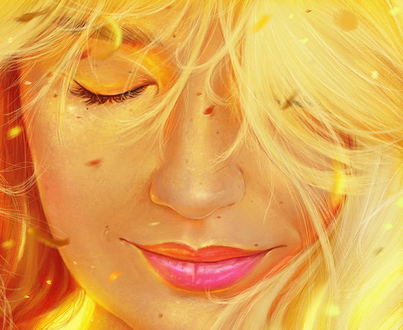 Fluorescente, yellow, face, pink, portrait, art, frumusete, luminos, arthur henri, golden, fantasy, girl, HD wallpaper