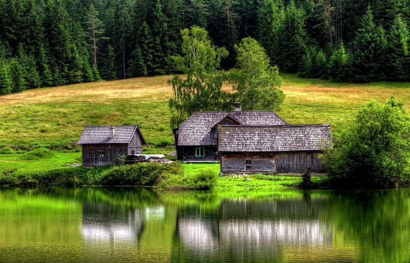 Cabañas junto al lago, bosque, cabañas, verde, lago, Fondo de pantalla HD |  Peakpx
