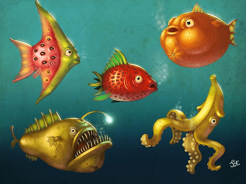 Funny fish, idea, fish, food, colors, clever, abstract, animal, fruit, humor, funny, HD wallpaper