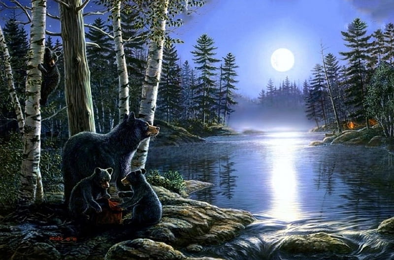 ฺBlack Bears, moons, family, lakes, draw and paint, attractions in dreams, paintings, mountains, nature, bears, animals, HD wallpaper