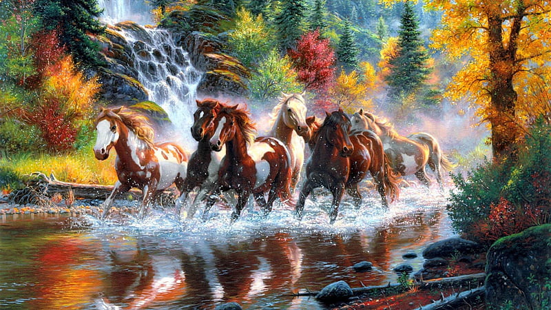Herd of wild horses in river, fall, autumn, falling, herd, bonito, foliage, sea, mountain, splash, leaves, nice, bunch, wild, waterfall, river, reflection, forest, lovely, colors, waves, trees, horses, water, summer, nature, HD wallpaper