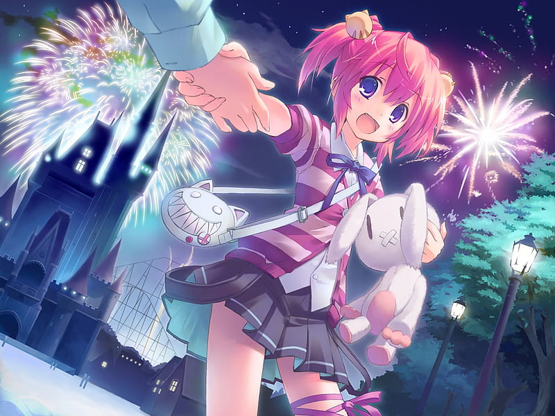 C'mon! (:, cute, girl, anime, fireworks, cmon, teddy bear, lets go, pink hair, HD wallpaper