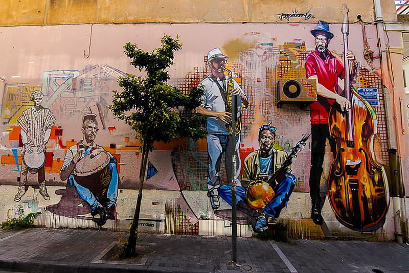 Musicians of Peace, Music, mural, violoncello, instruments, peace, graffiti, banjo, saxophone, street, HD wallpaper