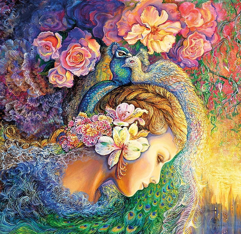 Peacocks, art, rose, peacock, josephine wall, fantasy, green, bird, girl, painting, flower, pasari, face, pink, pictura, blue, couple, paun, HD wallpaper