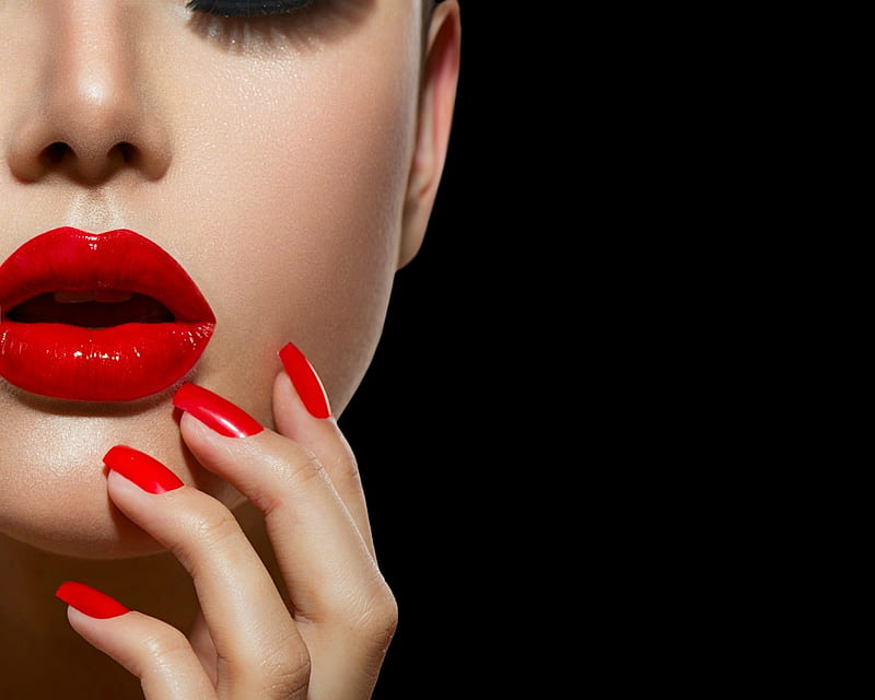 Beauty, red, model, manicure, black, woman, lips, anna subbotina, girl, hand, face, HD wallpaper