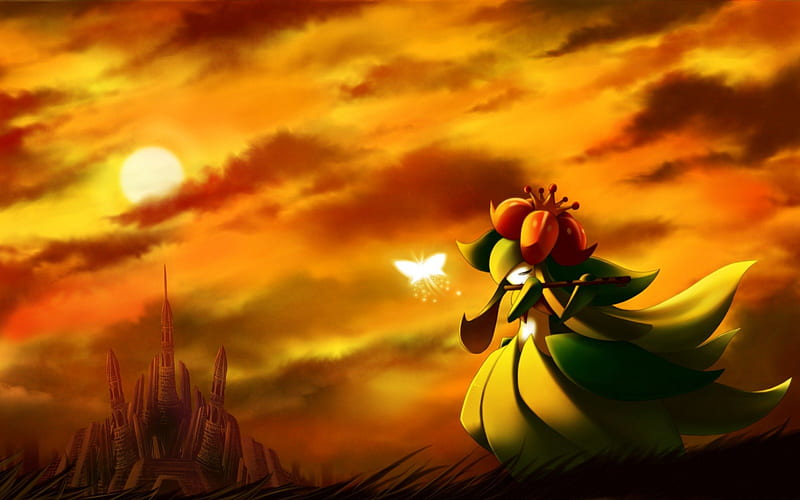 Lilligant, pretty, scenic, pokemon, bonito, adorable, sweet, nice, moon, anime, beauty, scenery, night, cloud, lovely, sky, cute, kawaii, dark, scene, landscape, HD wallpaper