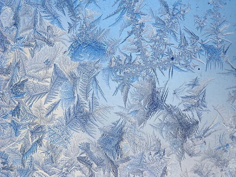 Frosted window, glass, window, pane, sky, blue, patterns, winter, frost, HD wallpaper
